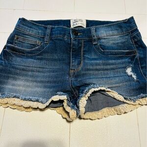 Blue Denim Shorts with Lace Trim